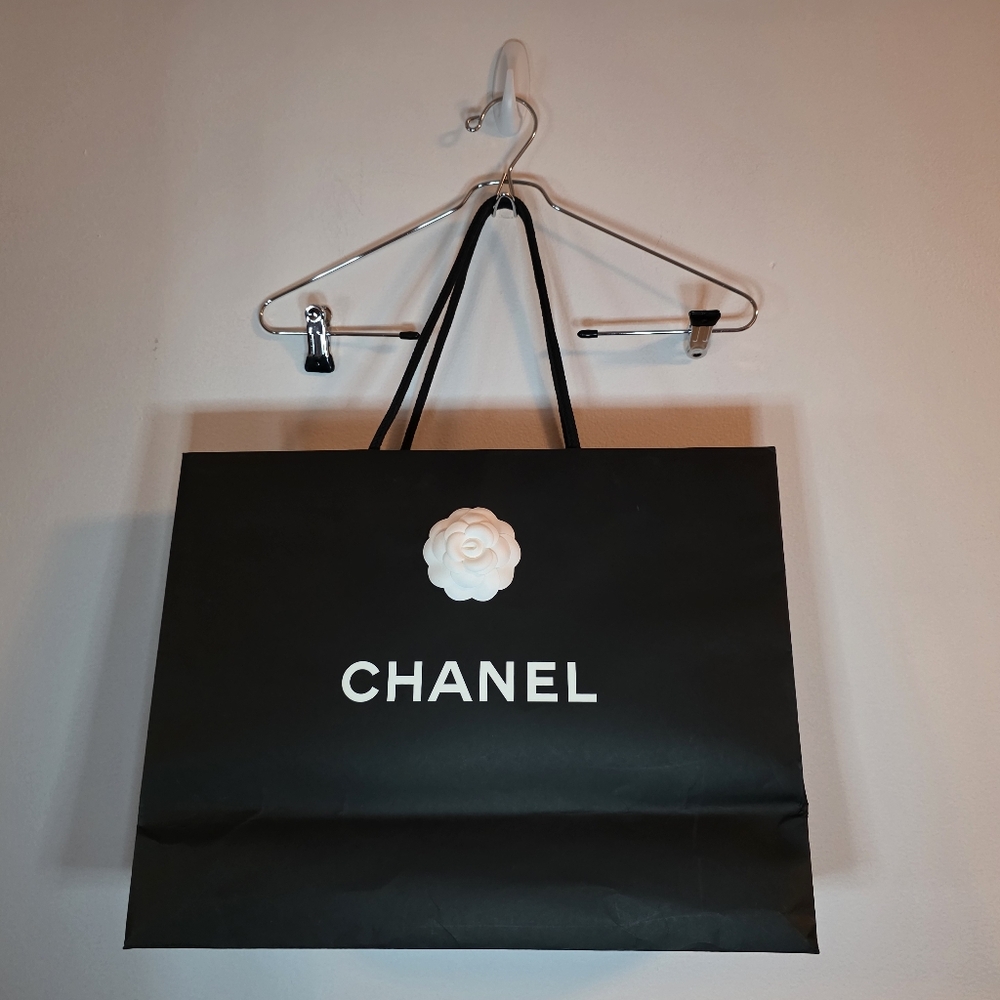 Chanel Black Shopping Bag with White Camellia Logo – Large 18" x 15"